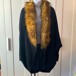 TOBI Womens Black Open Front Sweater Knit Cardigan W Faux Fur Collar